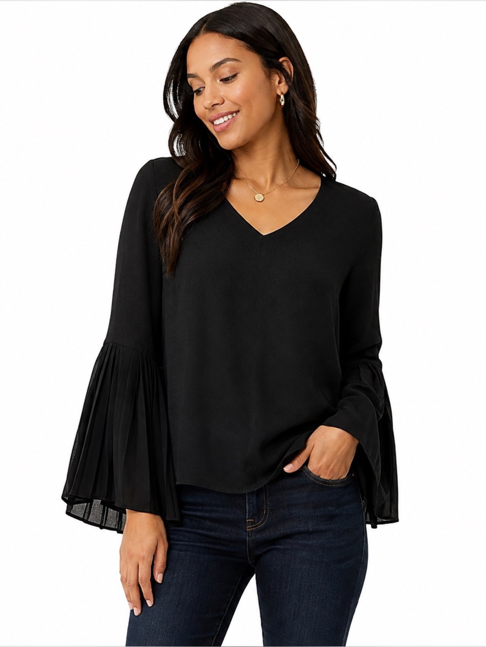 Banana Republic Black Crepe Bell Sleeve V-Neck Blouse XS